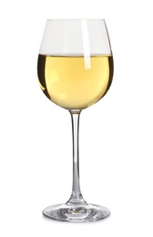 Photo of Glass of delicious expensive wine on white background