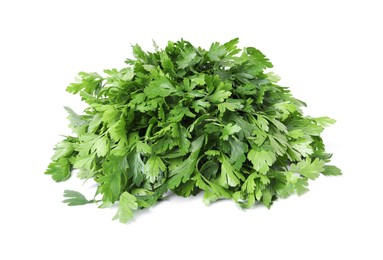 Photo of Heap of chopped parsley leaves isolated on white
