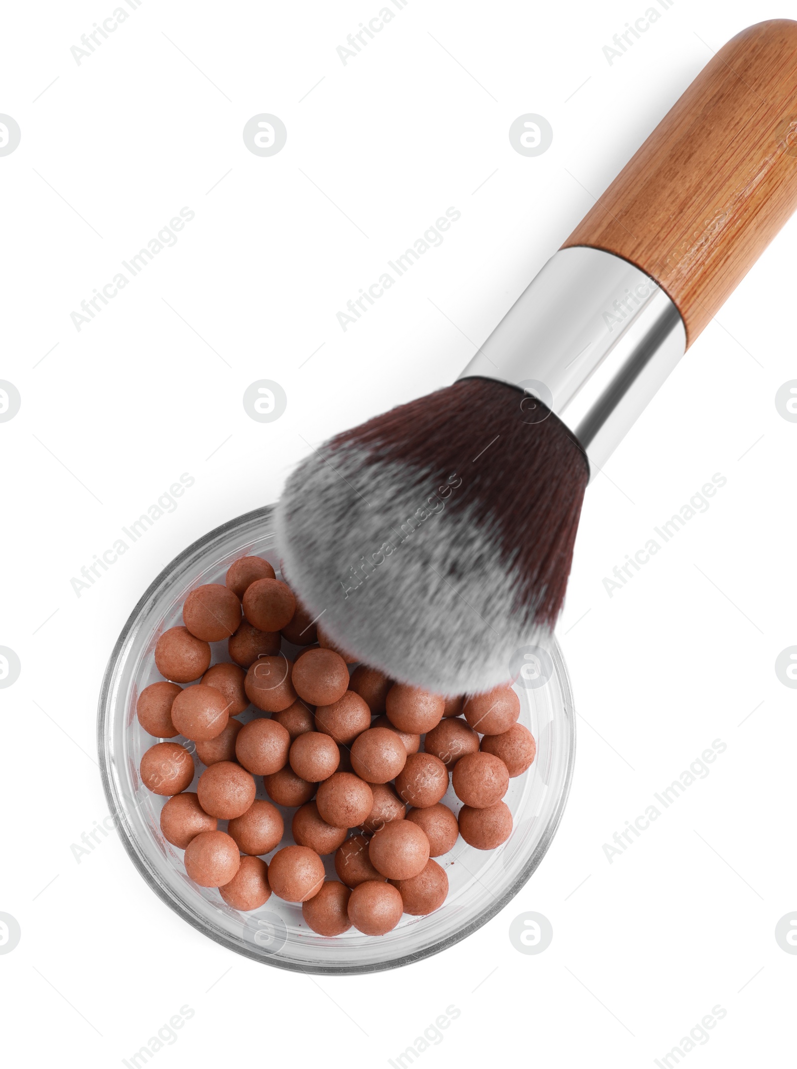 Photo of Face powder balls and brush isolated on white, top view