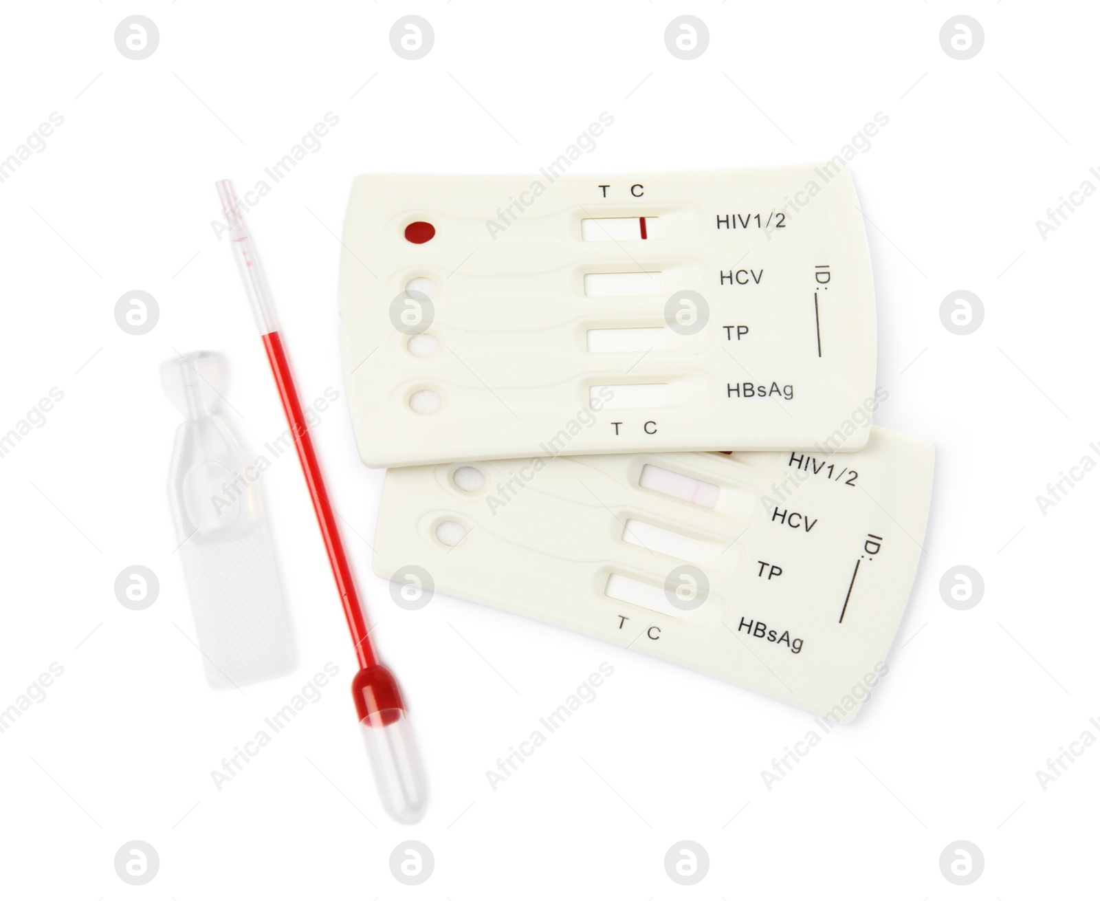 Photo of Disposable express hepatitis test kit on white background, top view