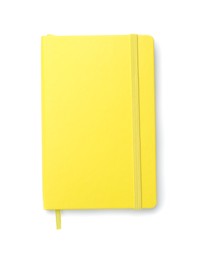 Photo of Closed yellow notebook with isolated on white, top view