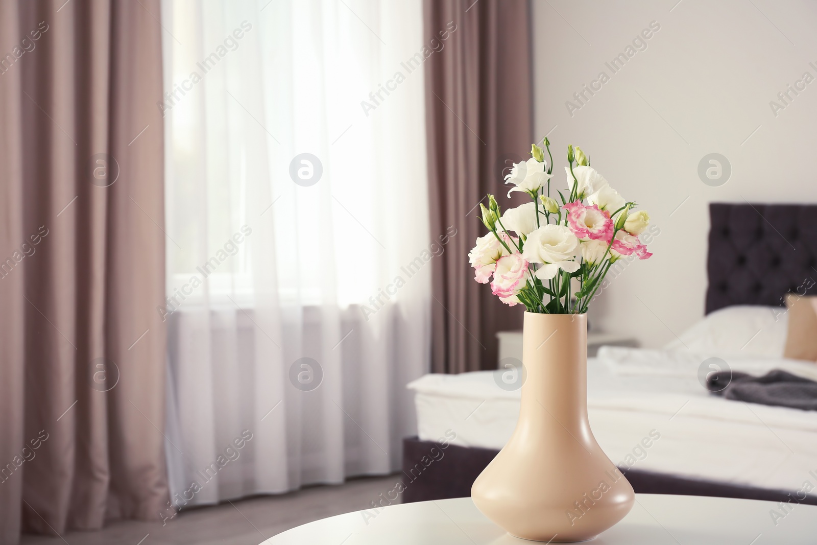 Photo of Beautiful flowers in vase and space for text on blurred background. Element of interior design