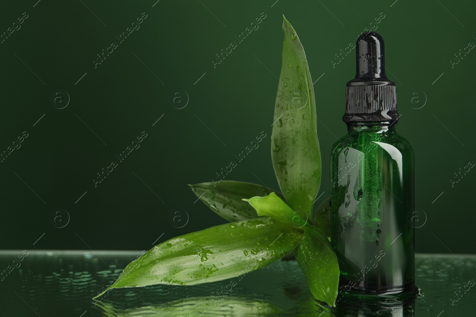 Photo of Bottle of face serum and tropical leaf on wet surface against green background, closeup. Space for text