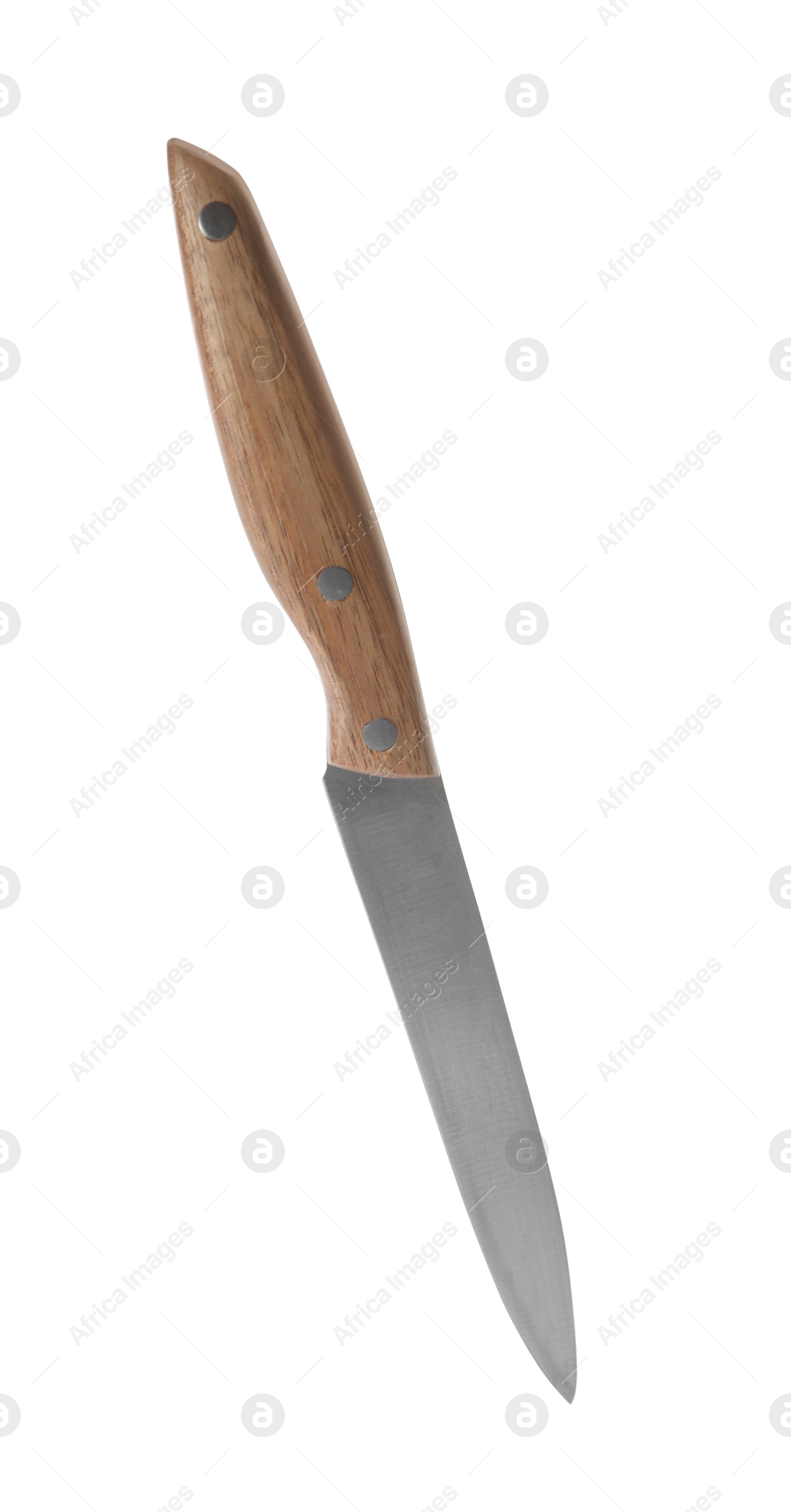 Photo of Sharp knife with wooden handle isolated on white
