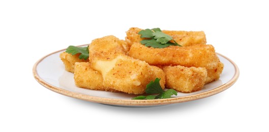 Plate with tasty fried mozzarella sticks and parsley isolated on white