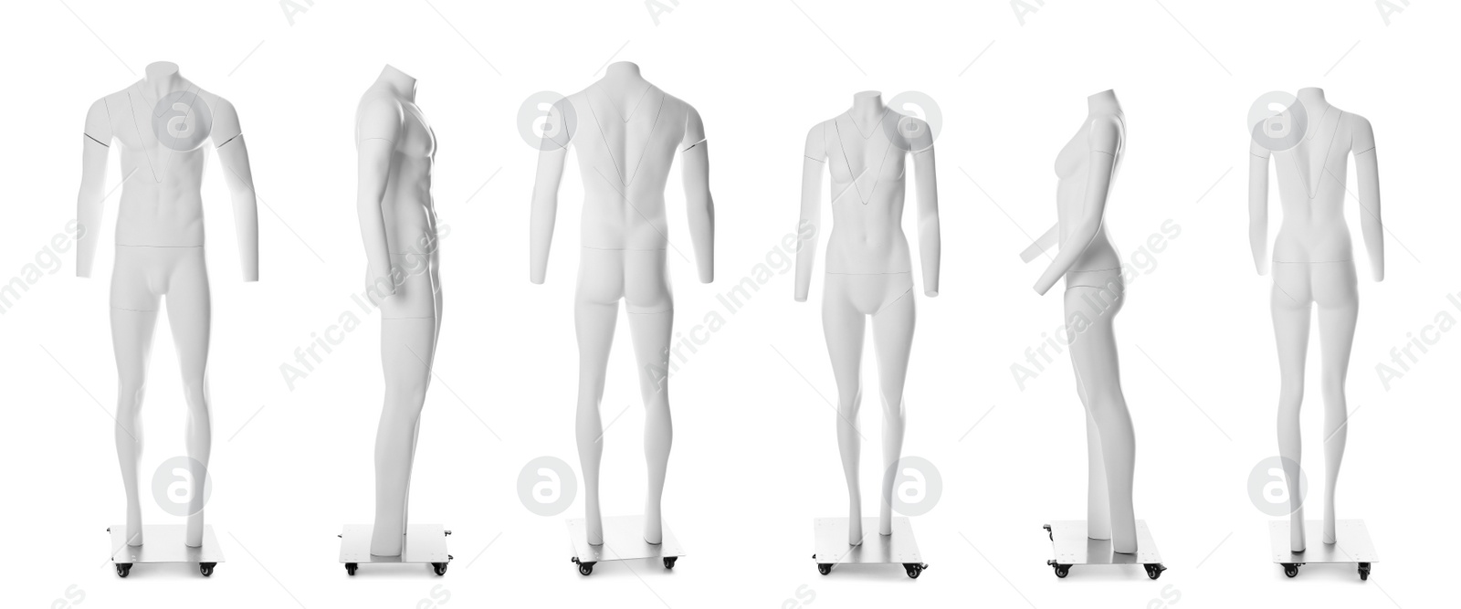 Image of Set of ghost headless mannequins with removable pieces on white background