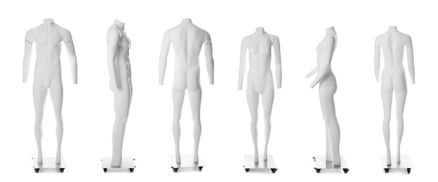 Image of Set of ghost headless mannequins with removable pieces on white background