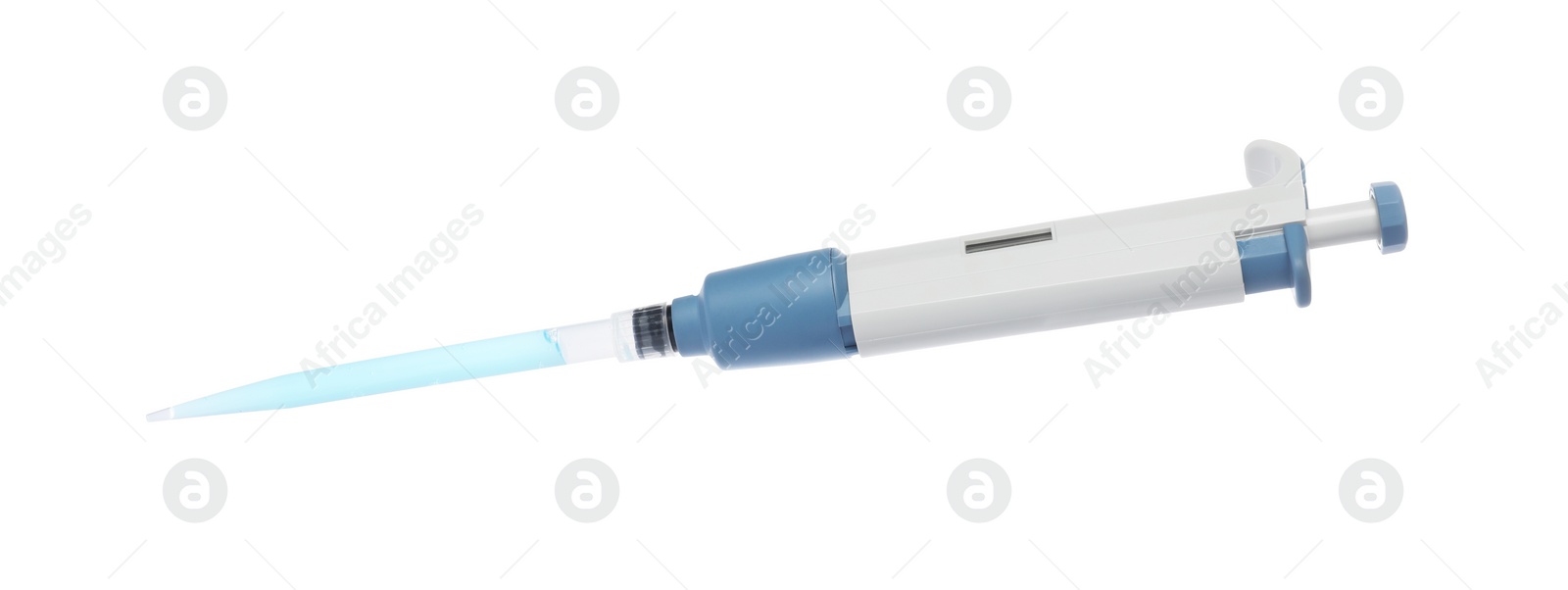 Photo of Laboratory analysis. Micropipette with liquid isolated on white