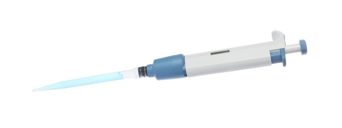 Laboratory analysis. Micropipette with liquid isolated on white