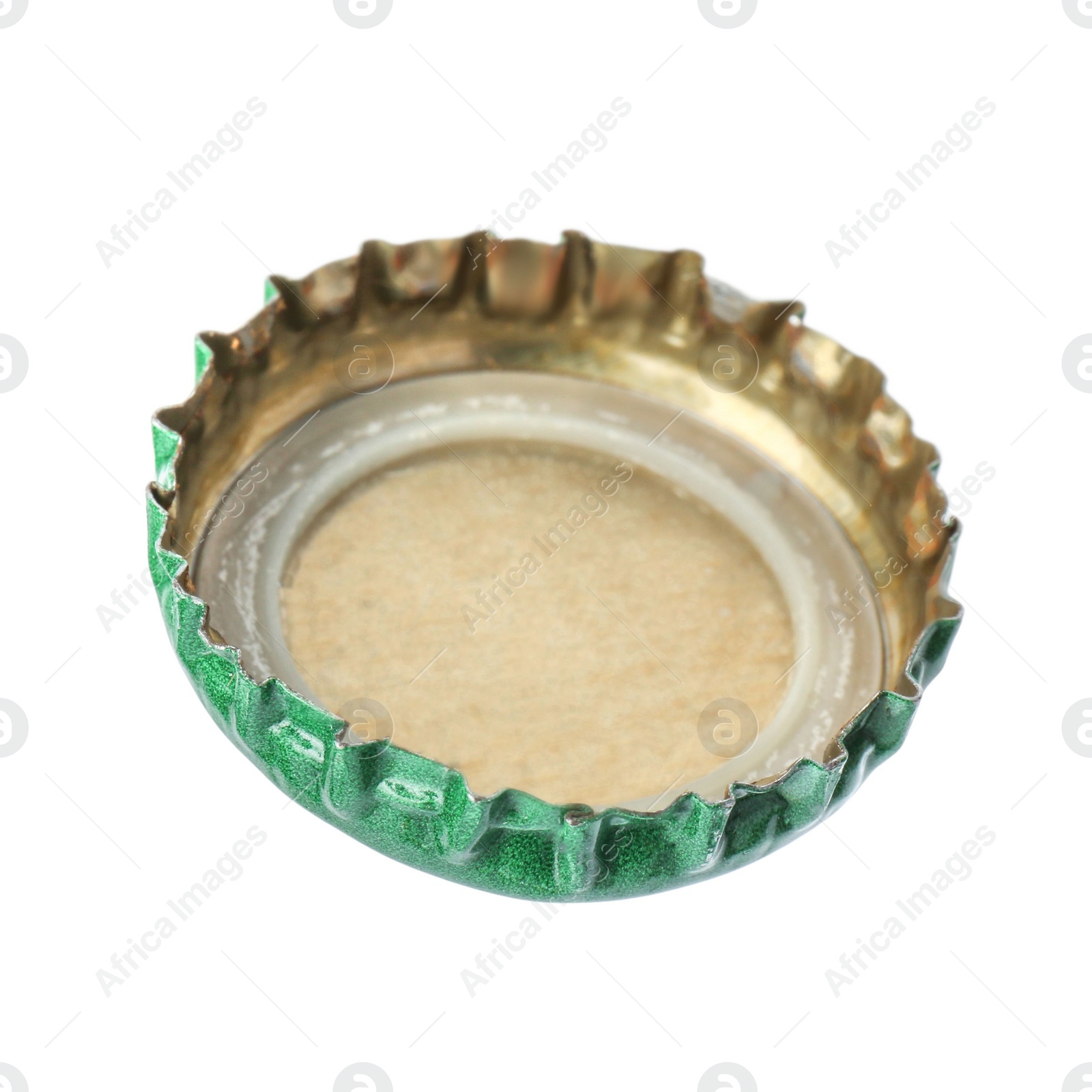 Photo of One green beer bottle cap isolated on white