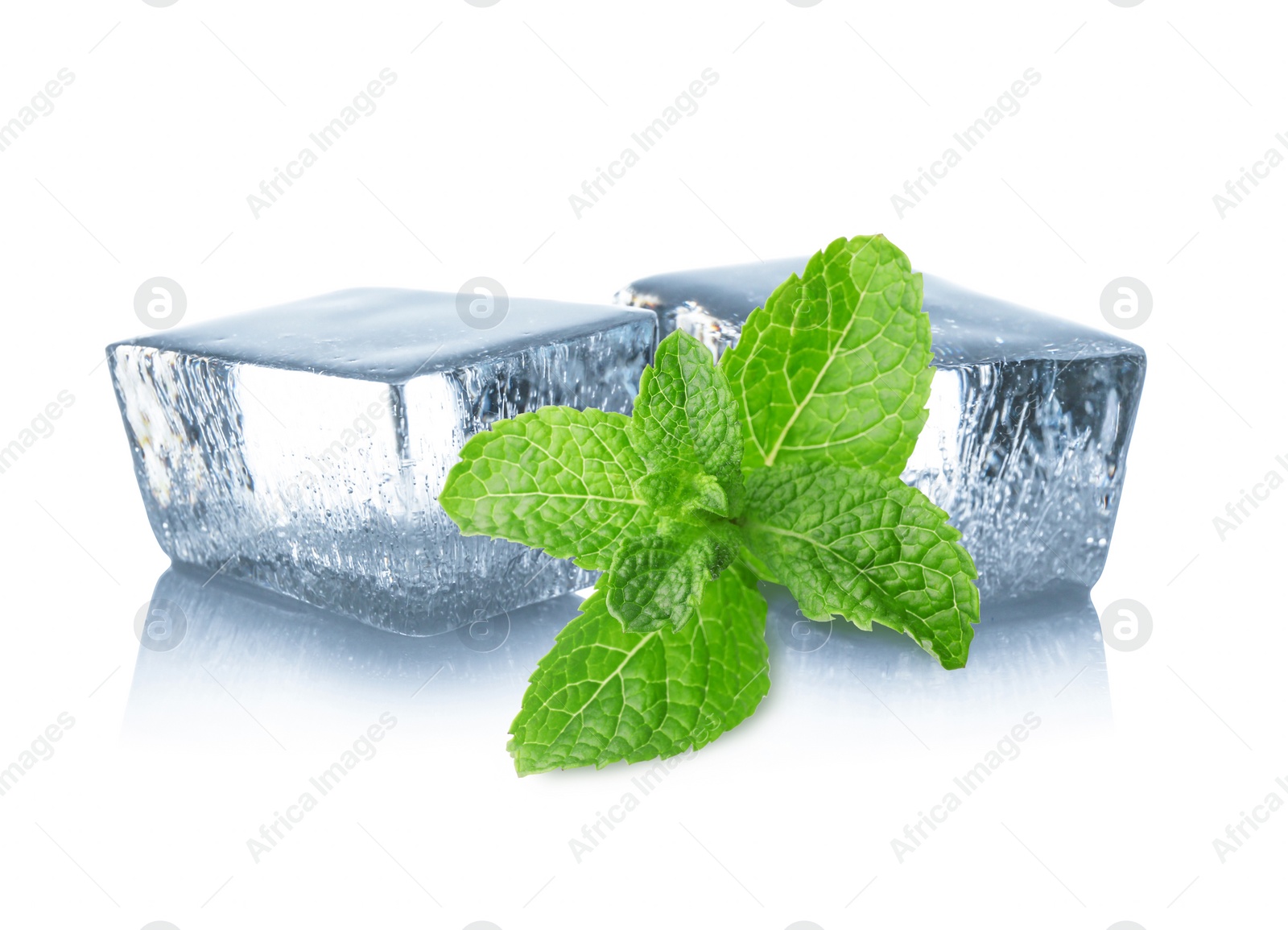 Image of Ice cubes and green mint leaves on white background