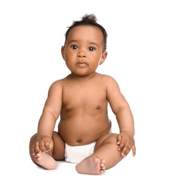 Adorable African-American baby in diaper on white background