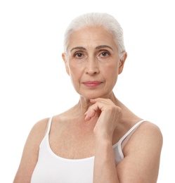 Portrait of beautiful mature woman on white background