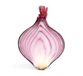 Photo of Half of red ripe onion on white background