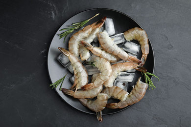 Fresh raw shrimps with rosemary and ice cubes on black table, top view