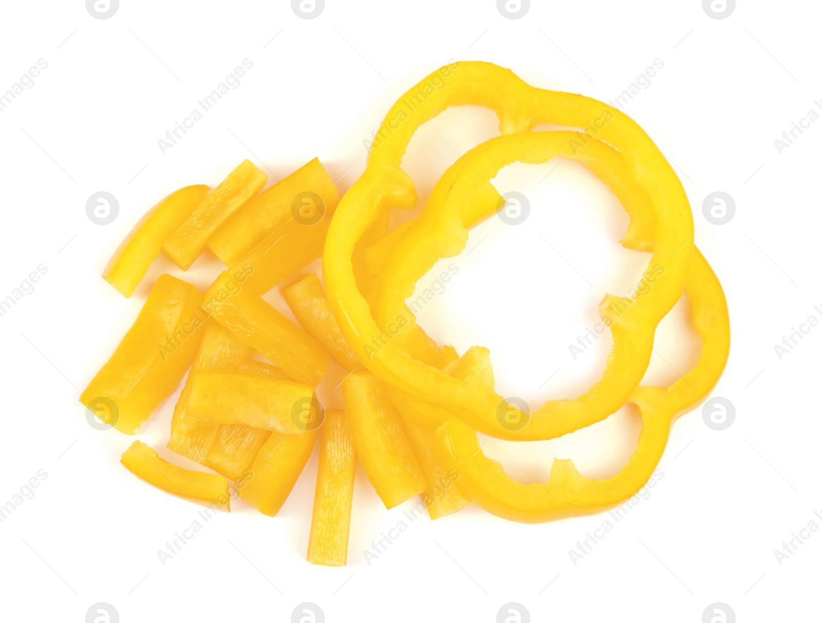 Photo of Cut yellow bell pepper isolated on white, top view