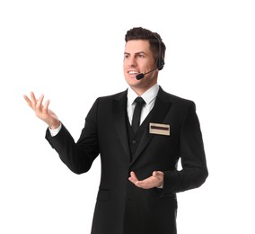 Photo of Portrait of receptionist with headset on white background