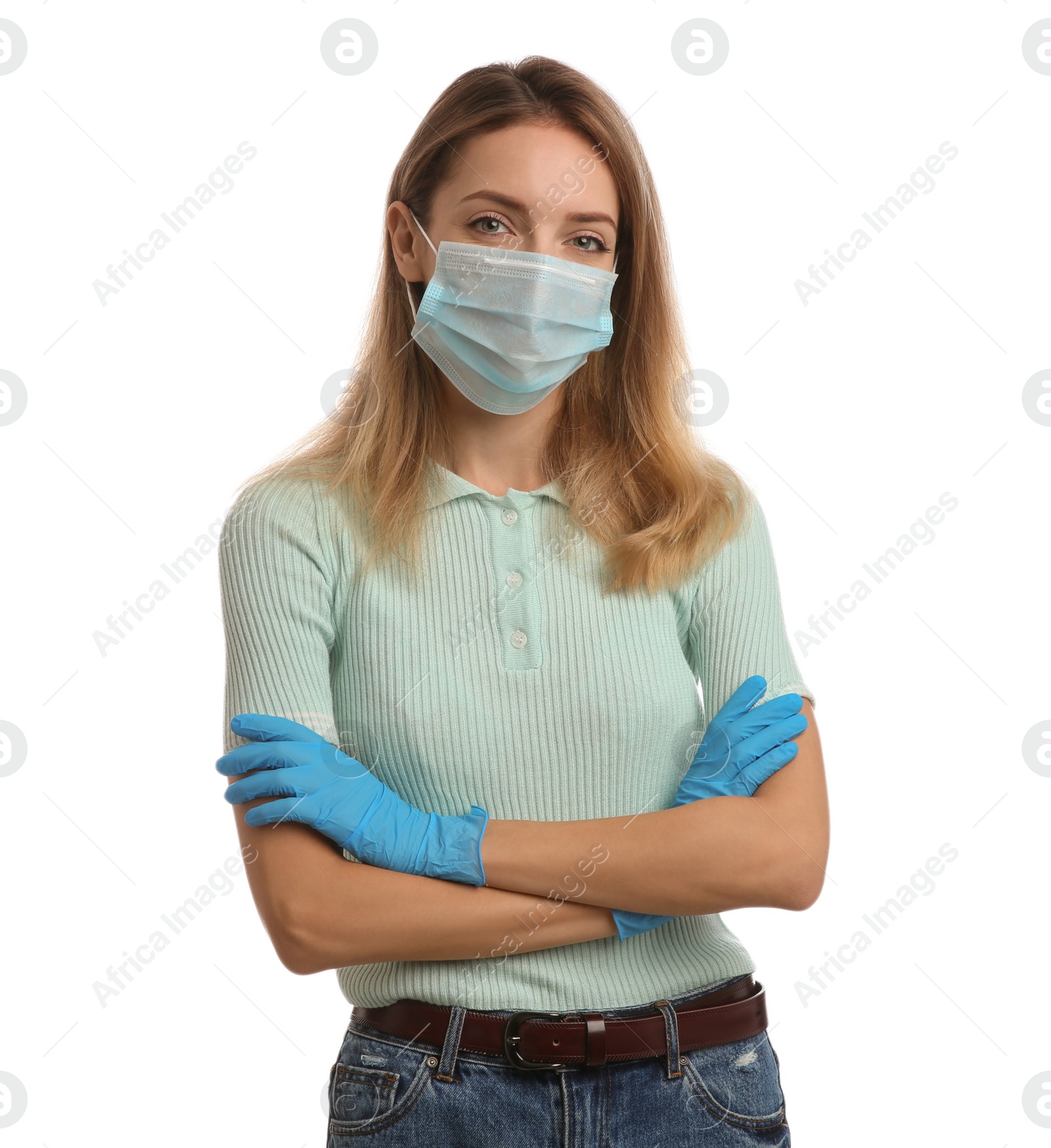 Photo of Young woman in medical gloves and protective mask on white background