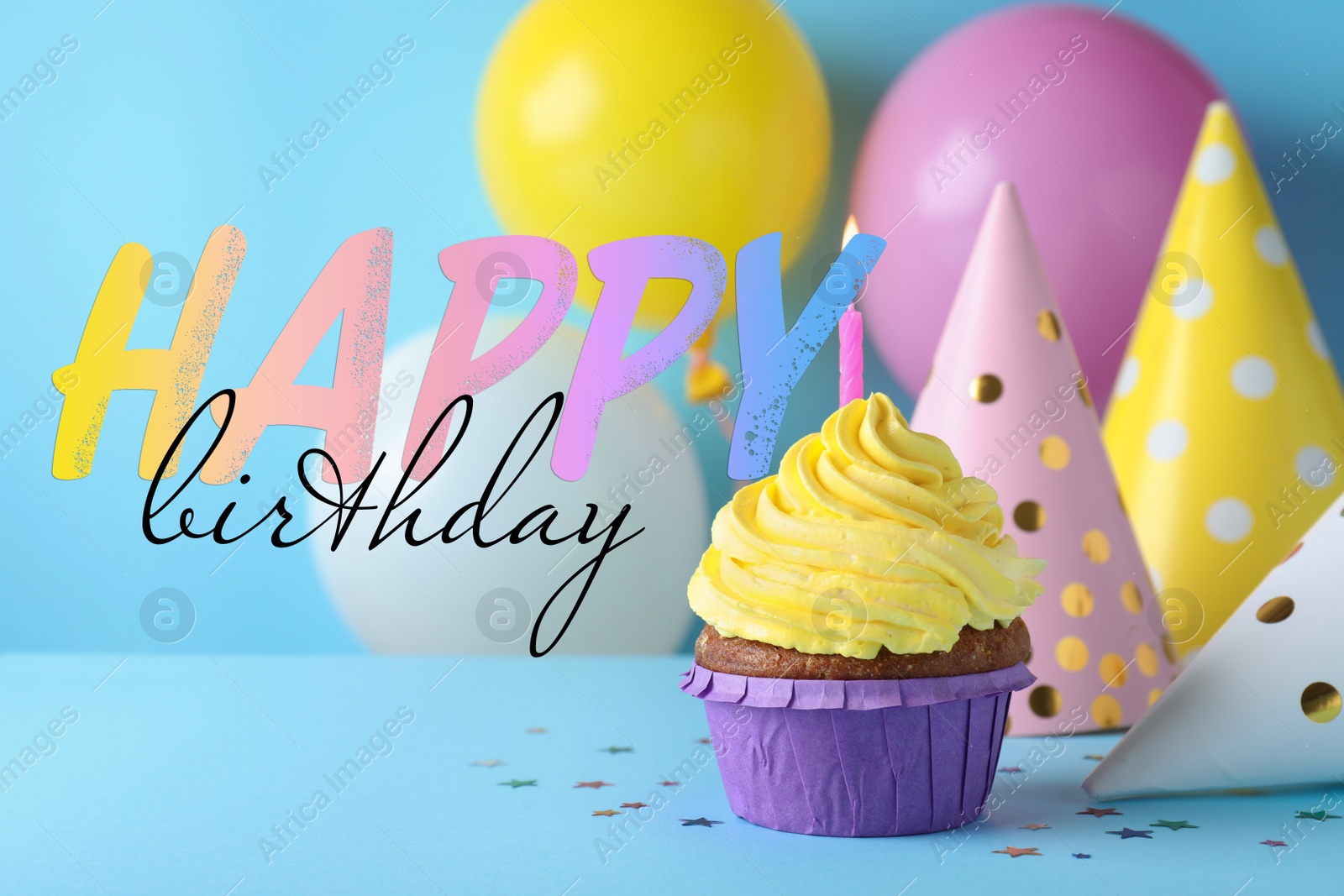 Image of Happy Birthday! Delicious cupcake with burning candle on light blue background