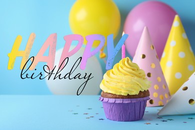 Happy Birthday! Delicious cupcake with burning candle on light blue background