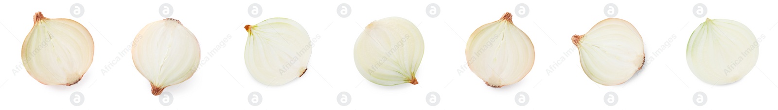 Image of Collage with halves of fresh onions on white background