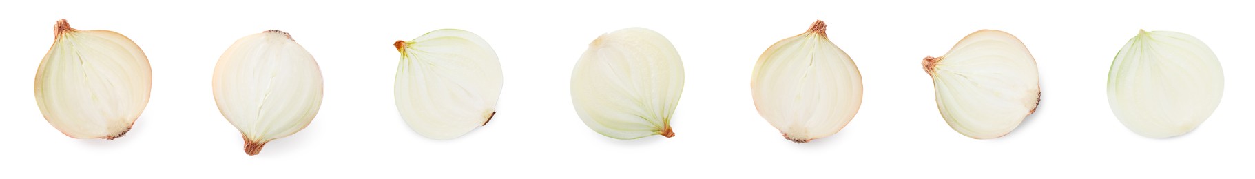 Image of Collage with halves of fresh onions on white background