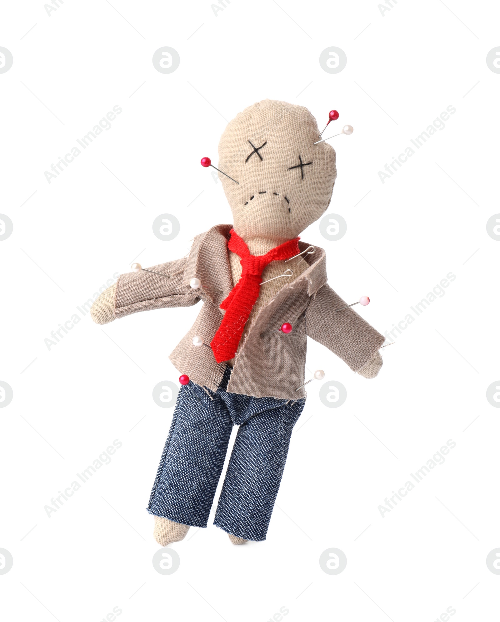 Photo of Voodoo doll dressed as businessman with pins isolated on white