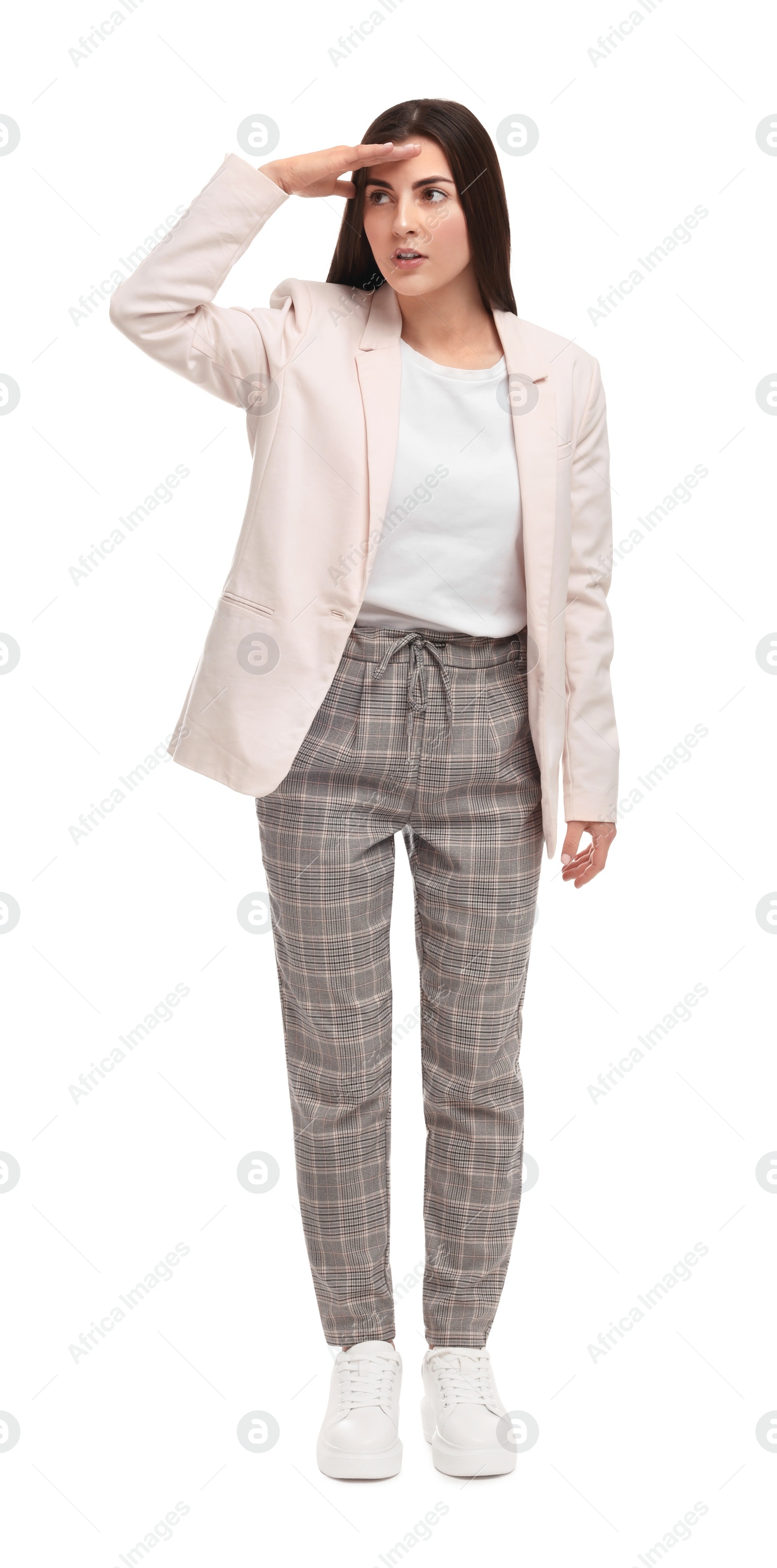 Photo of Beautiful young businesswoman in suit on white background