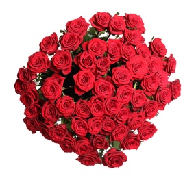 Luxury bouquet of fresh red roses isolated on white, top view