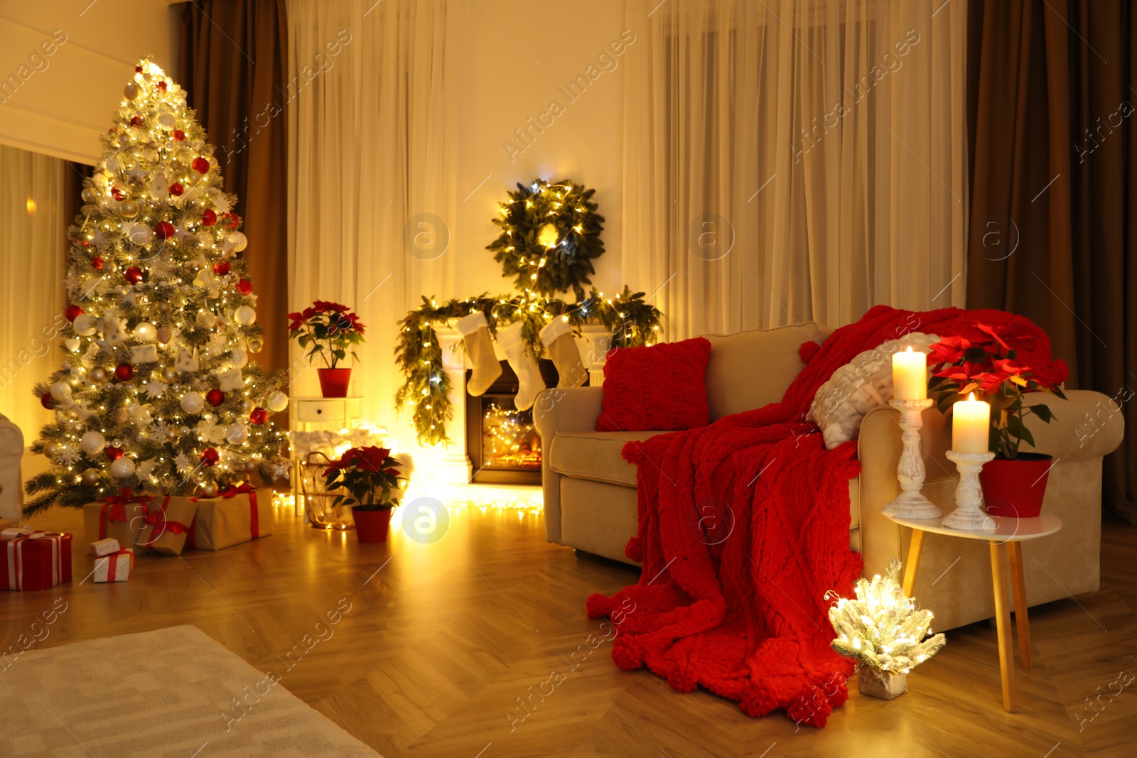 Photo of Christmas themed photo zone. Cozy living room interior imitation