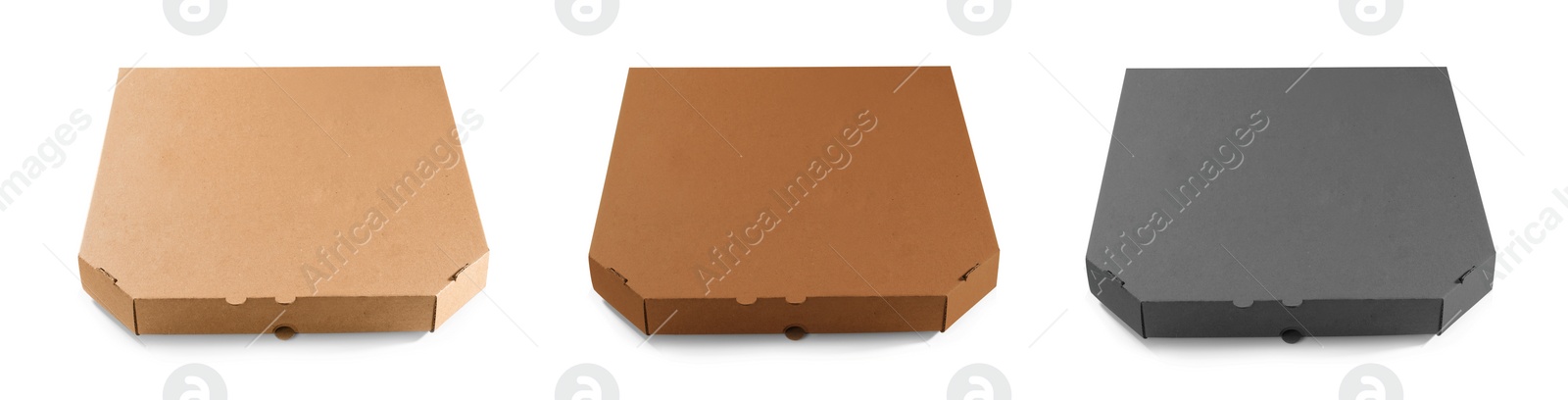 Image of Set of cardboard pizza boxes on white background. Banner design