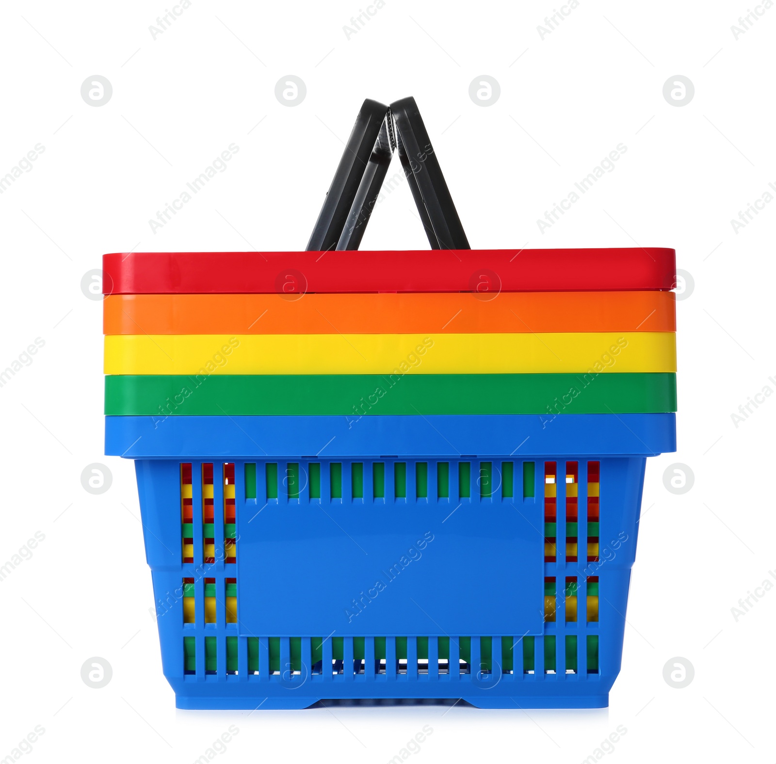 Photo of Colorful plastic shopping baskets on white background