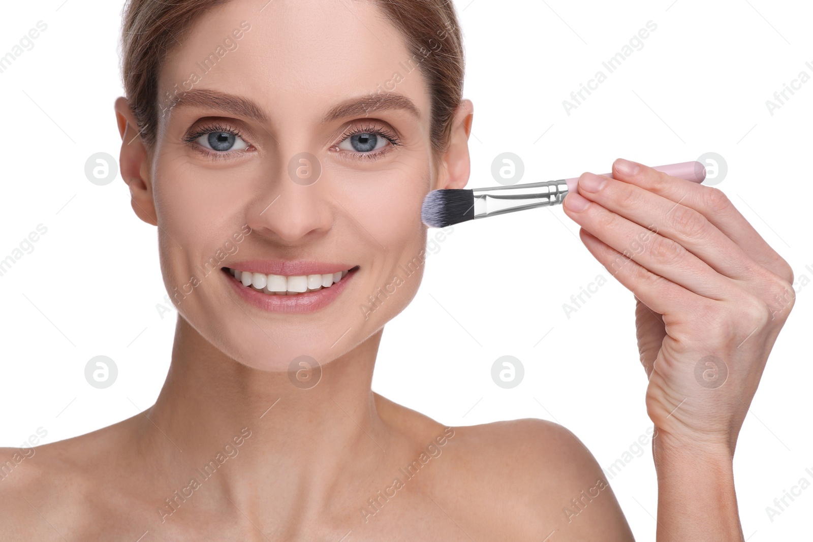 Photo of Woman with makeup brush on white background