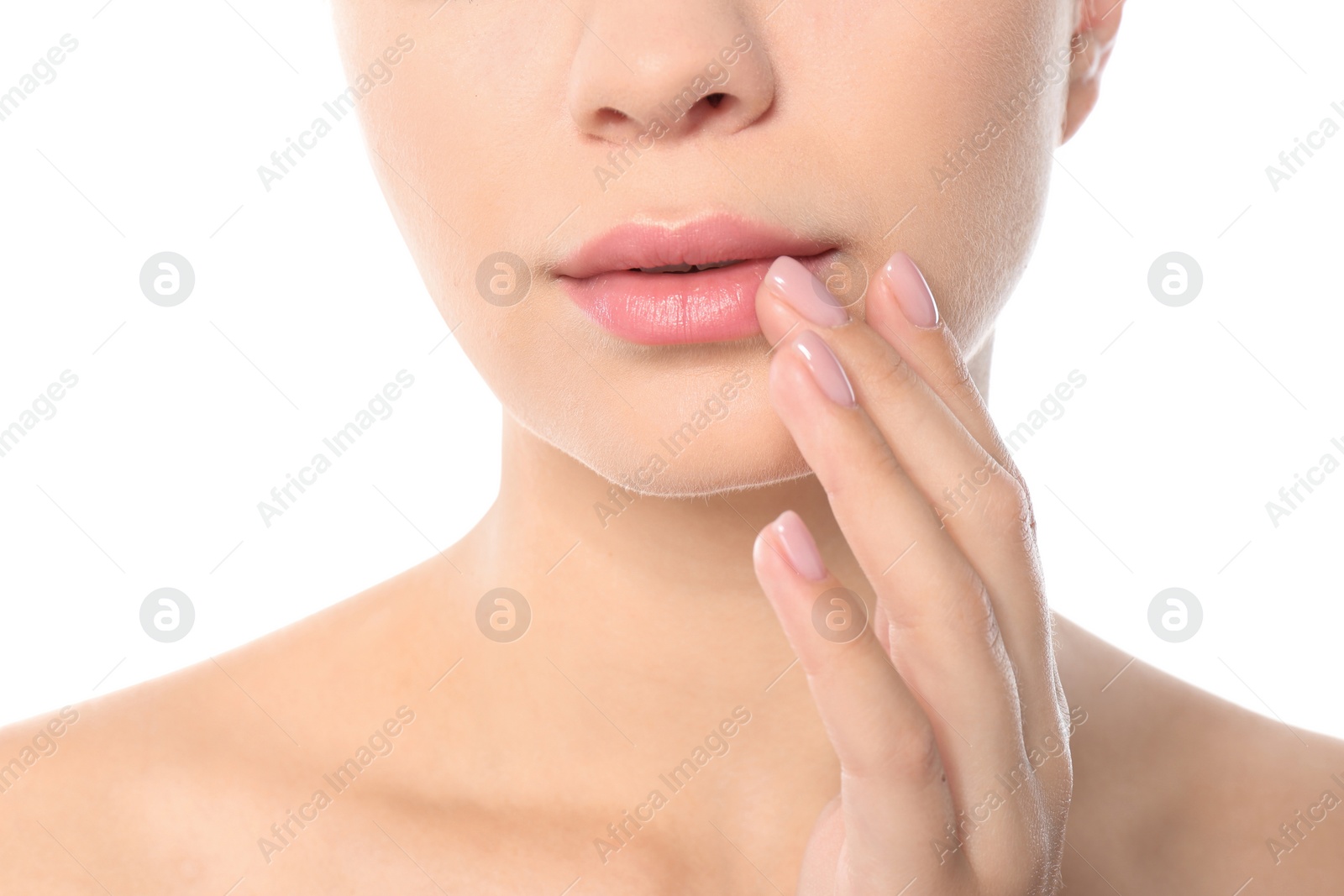 Photo of Closeup view of beautiful young woman on white background. Lips contouring, skin care and cosmetic surgery concept