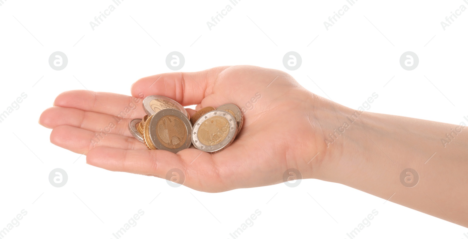 Photo of Woman holding coins in hand on white background, closeup