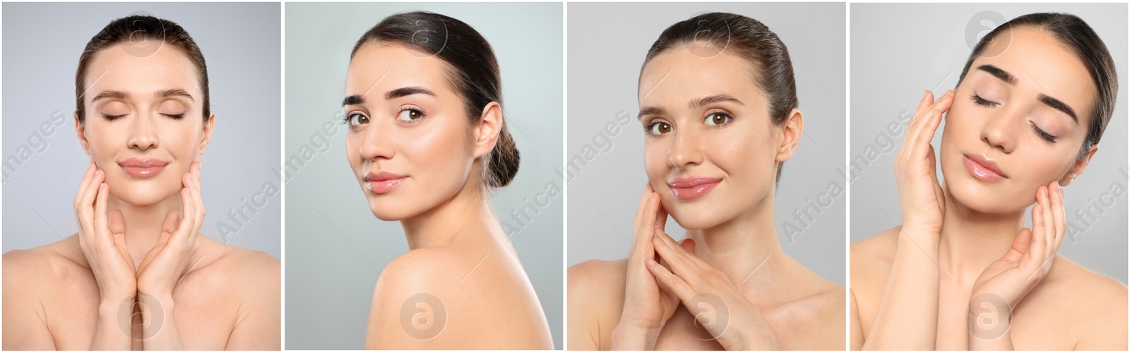 Image of Collage of portraits of young women with beautiful face and good skin on grey background, banner design