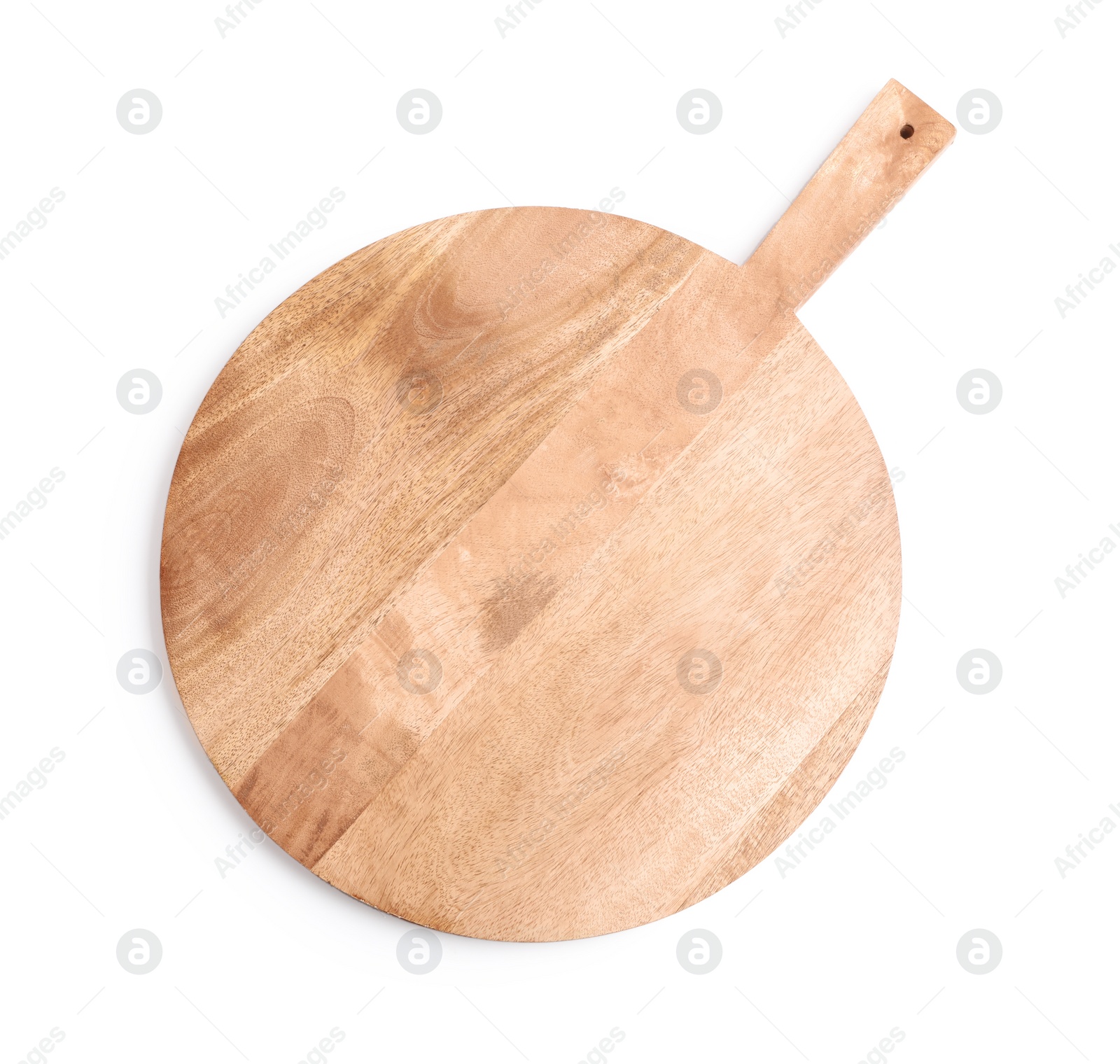 Photo of Round wooden cutting board isolated on white, top view