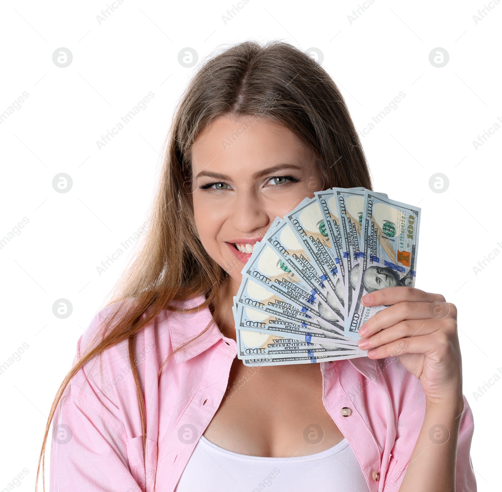 Photo of Happy young woman with money on white background