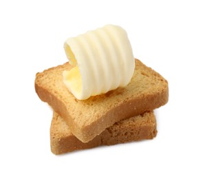 Photo of Tasty butter curl and pieces of dry bread isolated on white