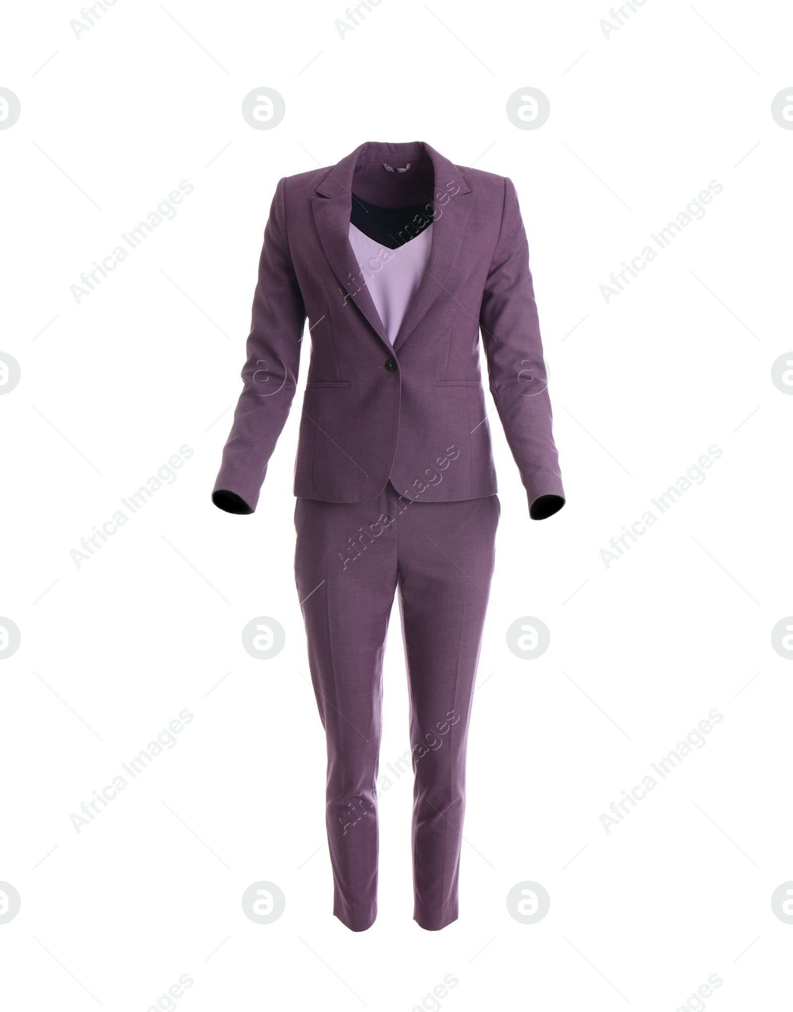 Photo of Elegant purple suit and tank top on mannequin against white background. Women's clothes