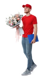 Delivery man with beautiful flower bouquet isolated on white