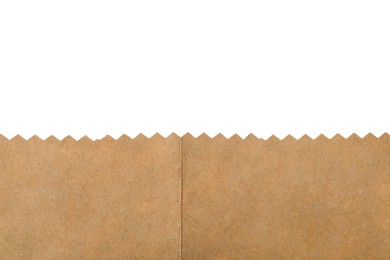 Photo of Kraft paper bag on white background, closeup