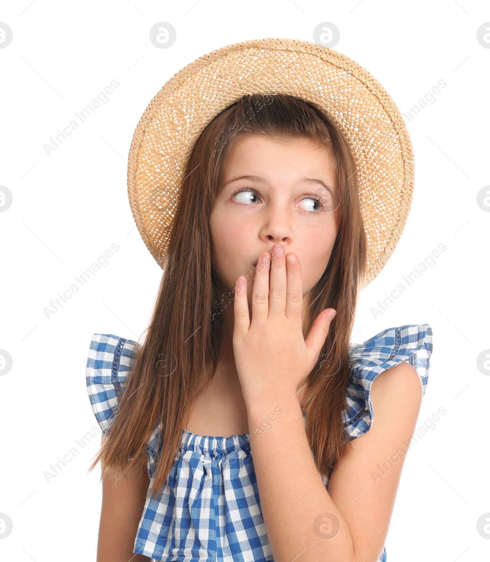 Photo of Portrait of preteen girl with hat on white background