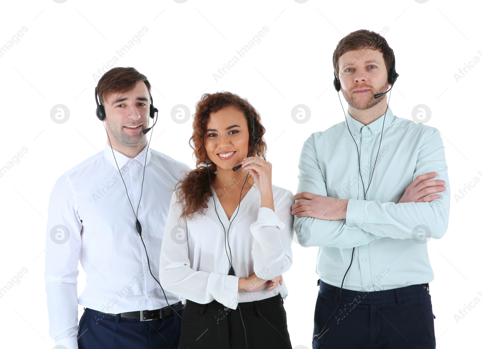 Photo of Team of technical support with headsets isolated on white