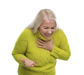 Photo of Mature woman suffering from cold on white background