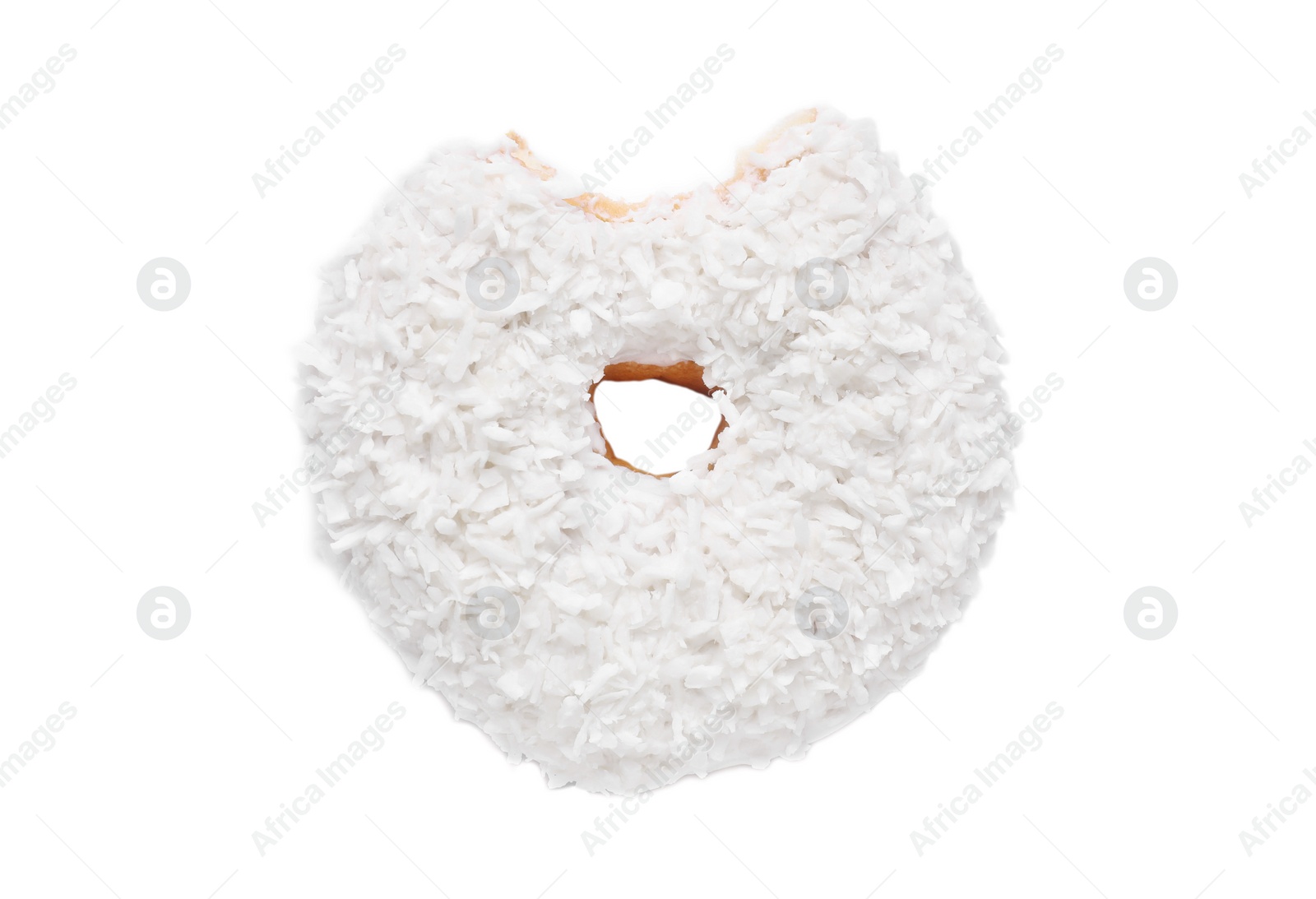 Photo of Tasty bitten glazed donut decorated with coconut shavings isolated on white, top view