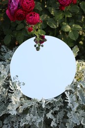 Photo of Round mirror among plants and flowers reflecting sky, top view