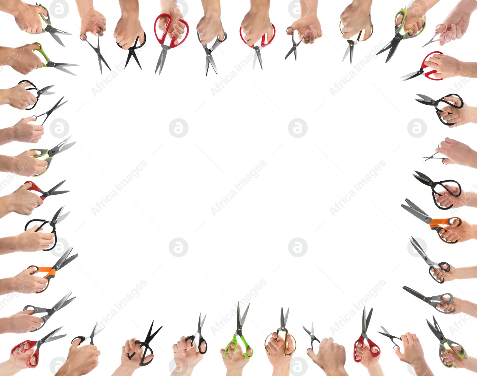 Image of Collage of people holding sewing scissors on white background, closeup. Space for design