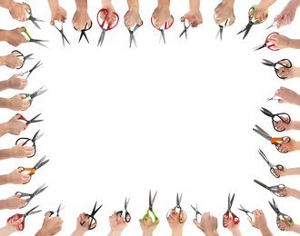 Image of Collage of people holding sewing scissors on white background, closeup. Space for design