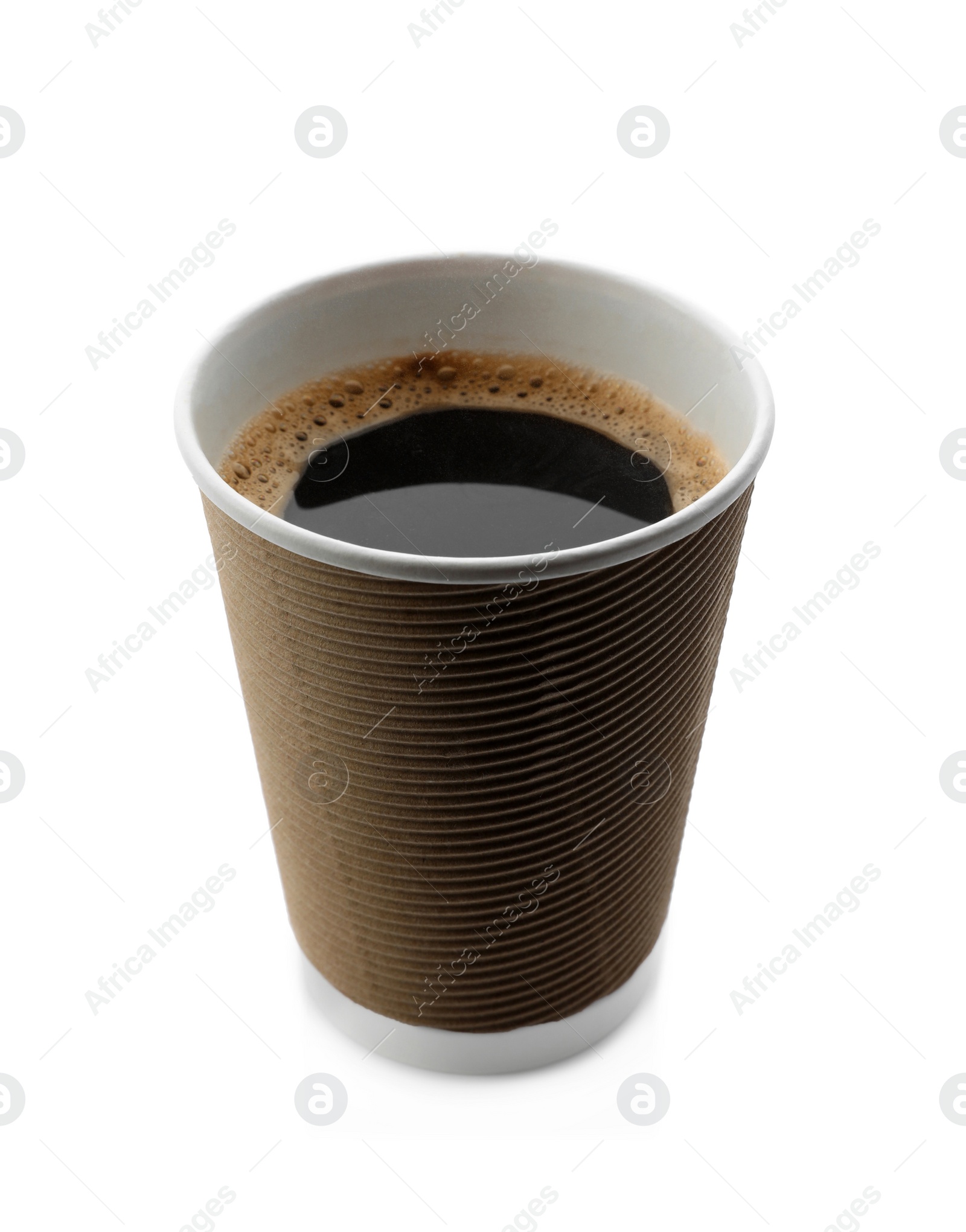 Photo of Aromatic coffee in takeaway paper cup isolated on white